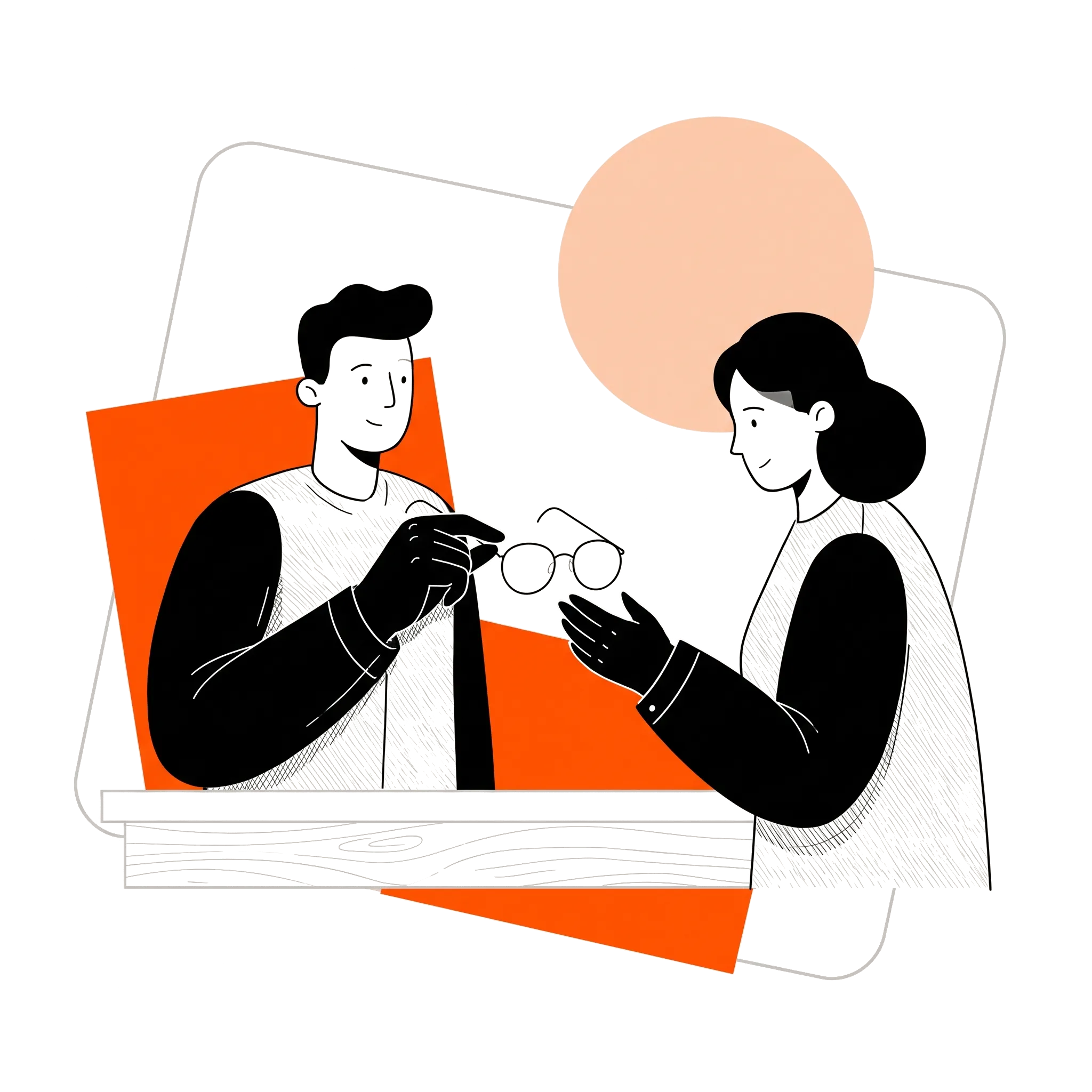 Ilustração: vendedor entregando a armação para a cliente no balcão