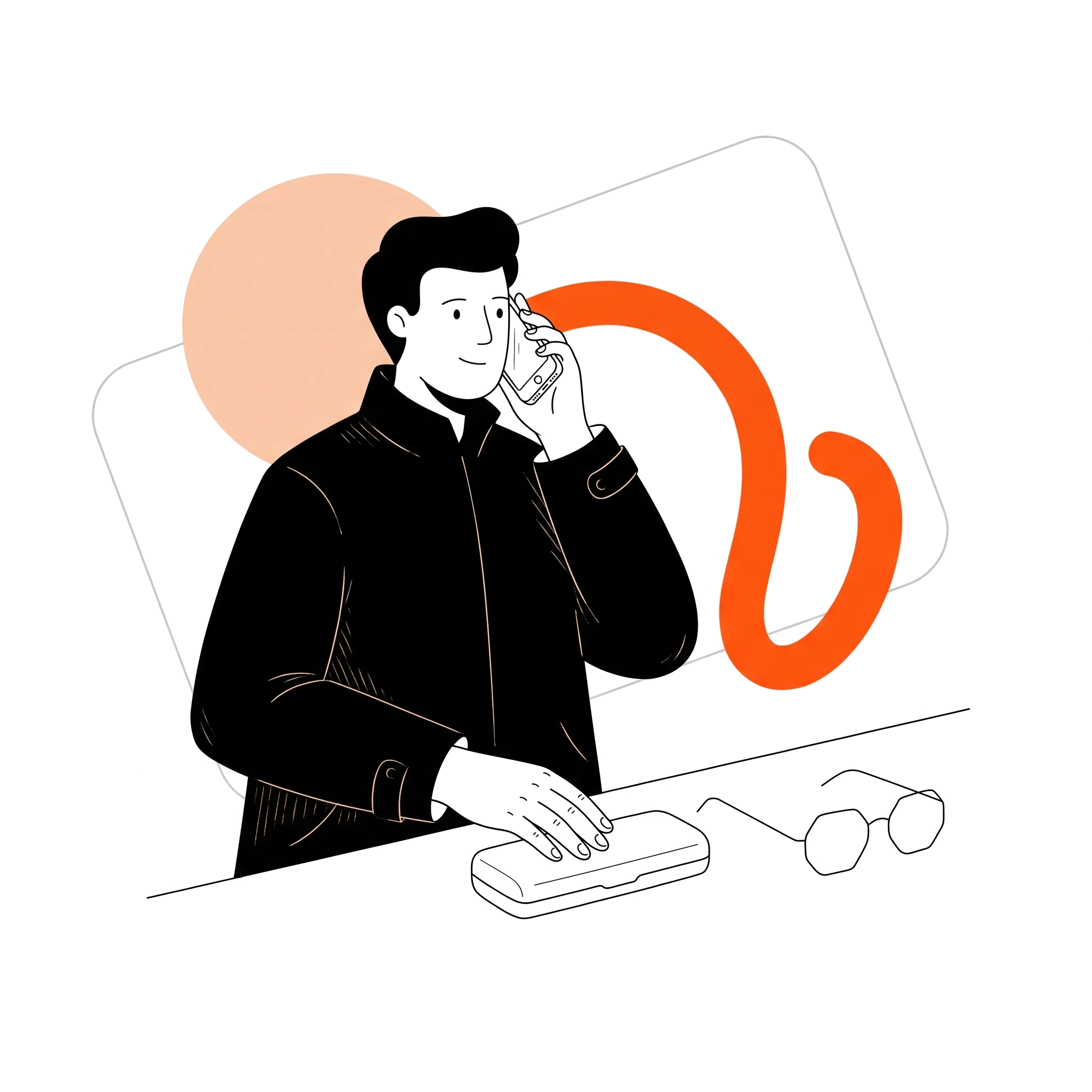 Ilustração: vendedor ao telefone no balcão, com os óculos do cliente ao lado