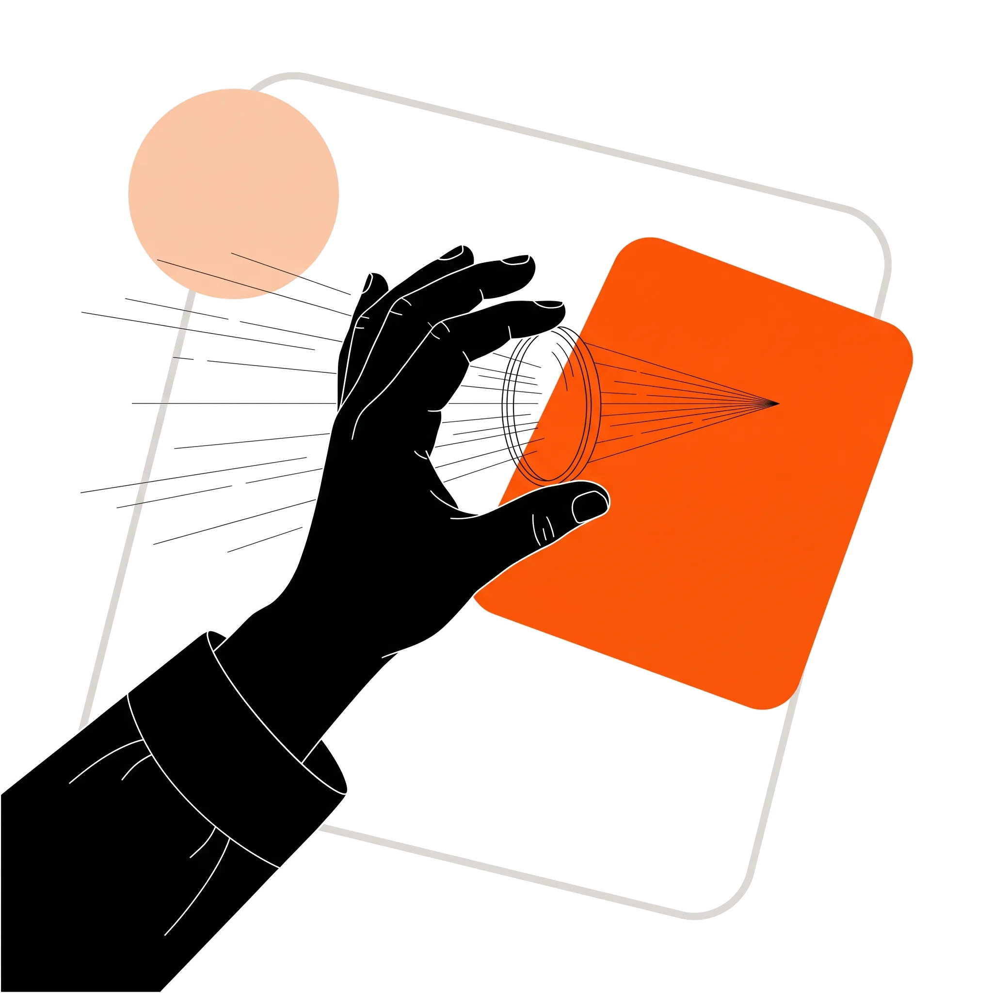 Ilustração: mão segurando uma lente que projeta um feixe sobre um bloco laranja